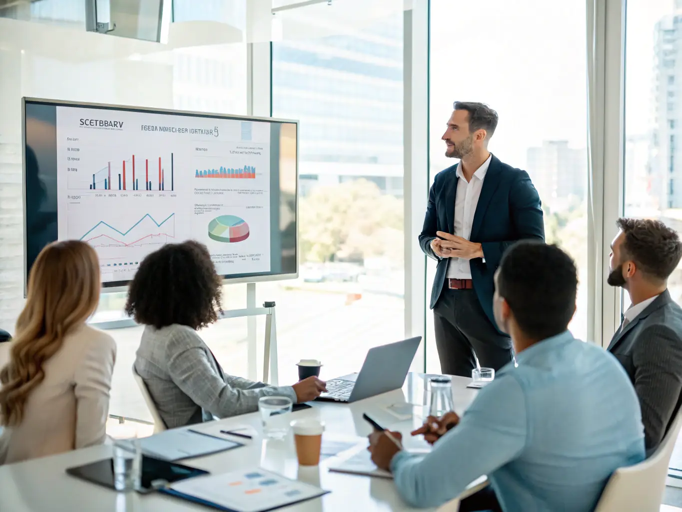 An image of a commercial executive presenting sales data to clients in a conference room, with modern presentation equipment.