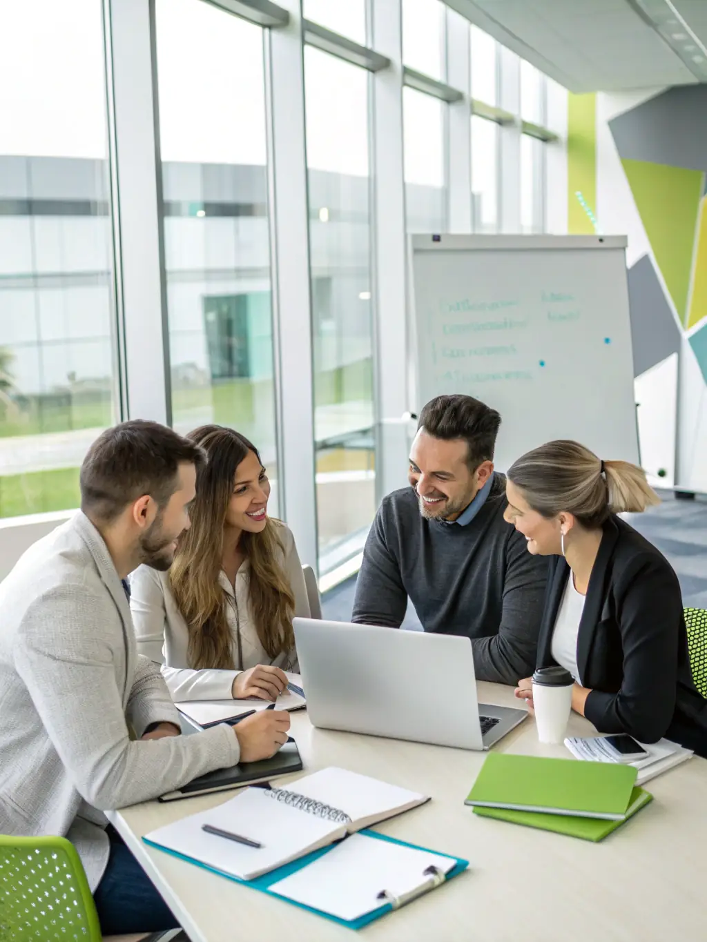 A group of marketing professionals collaborating on a market research project, using tablets and discussing findings, in a bright and collaborative workspace.