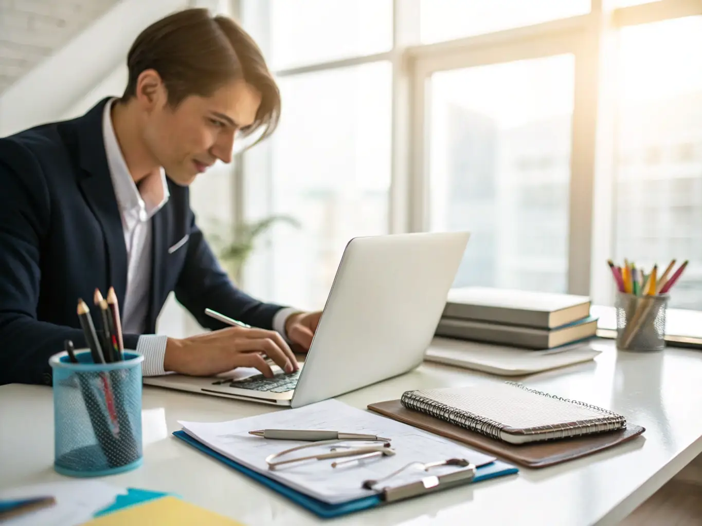 An image of a professional administrative assistant working at a desk with a computer and organized files, in a modern office setting.