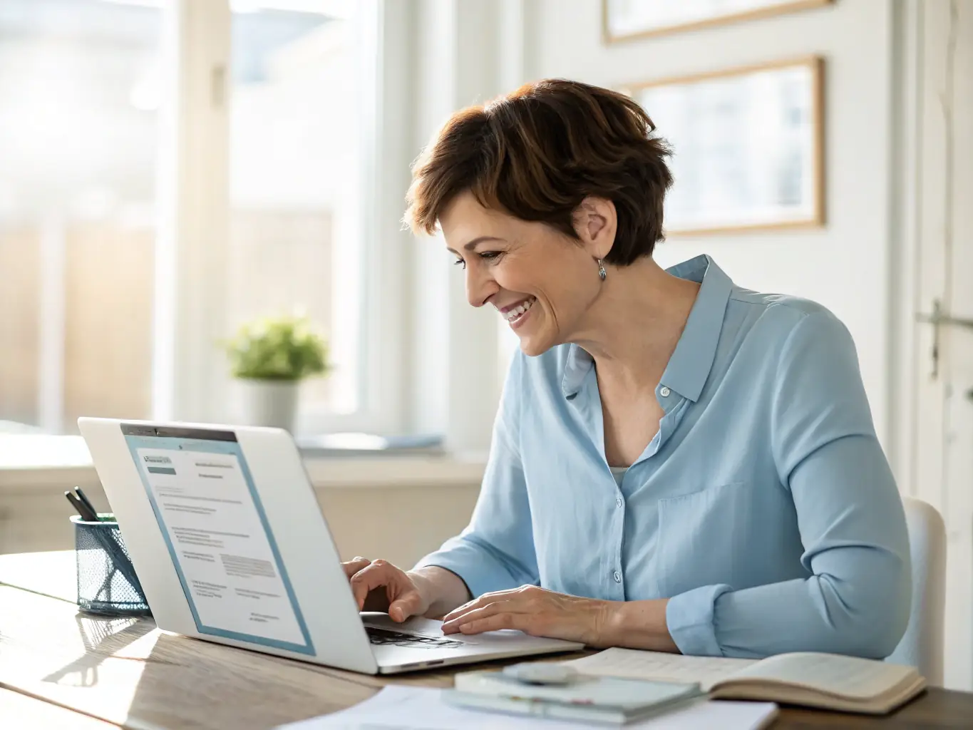 A photograph of a student smiling confidently while working on a computer in a modern office setting, symbolizing the practical skills gained from the administrative assistant course.